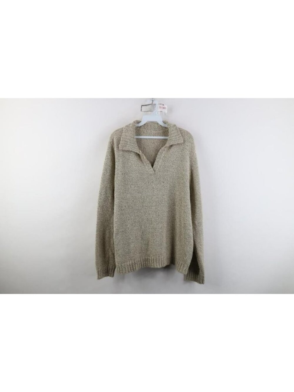 Vintage 90s Streetwear Mens Medium Blank Ribbed Knit Collared Polo Sweater Beige
